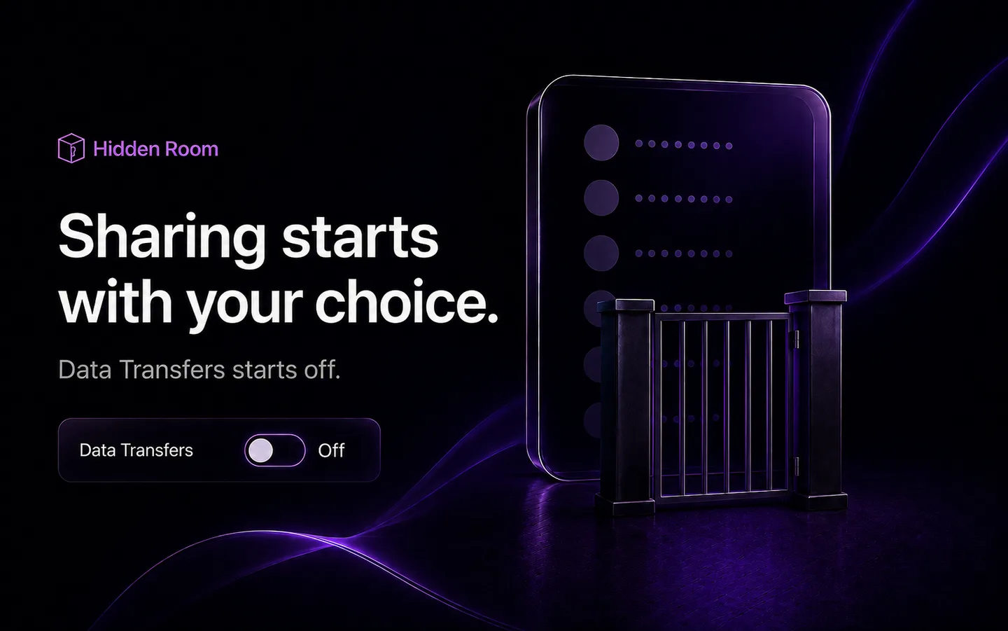 Hidden Room illustration: a closed gate and the Data Transfers setting switched off