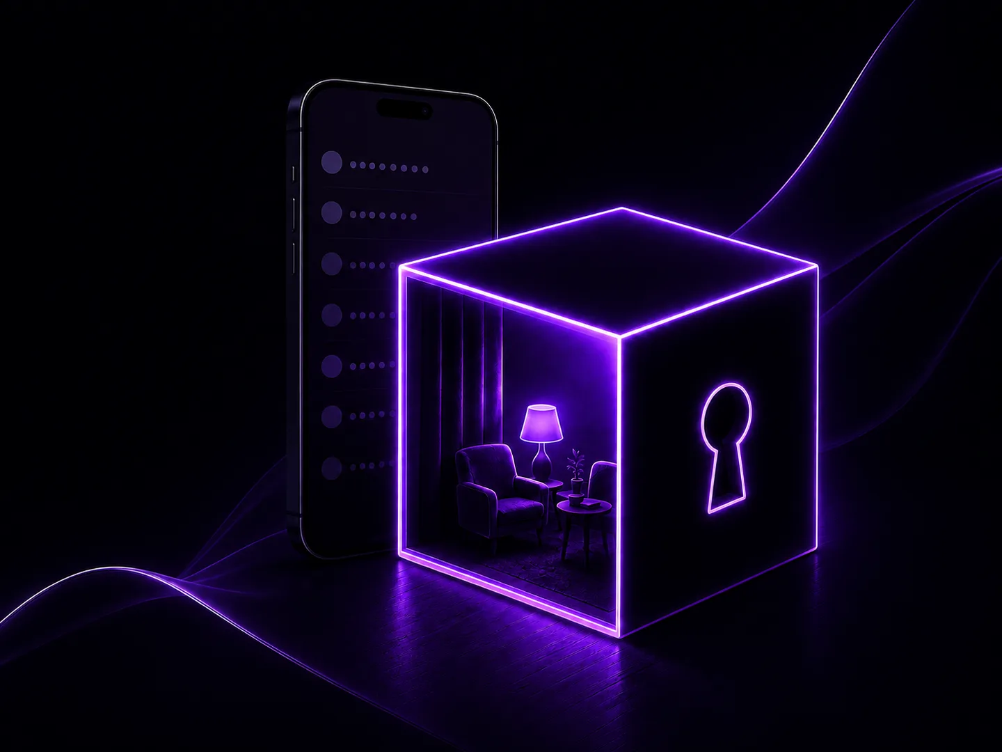 Hidden Room's violet room and keyhole beside an iPhone with masked contacts