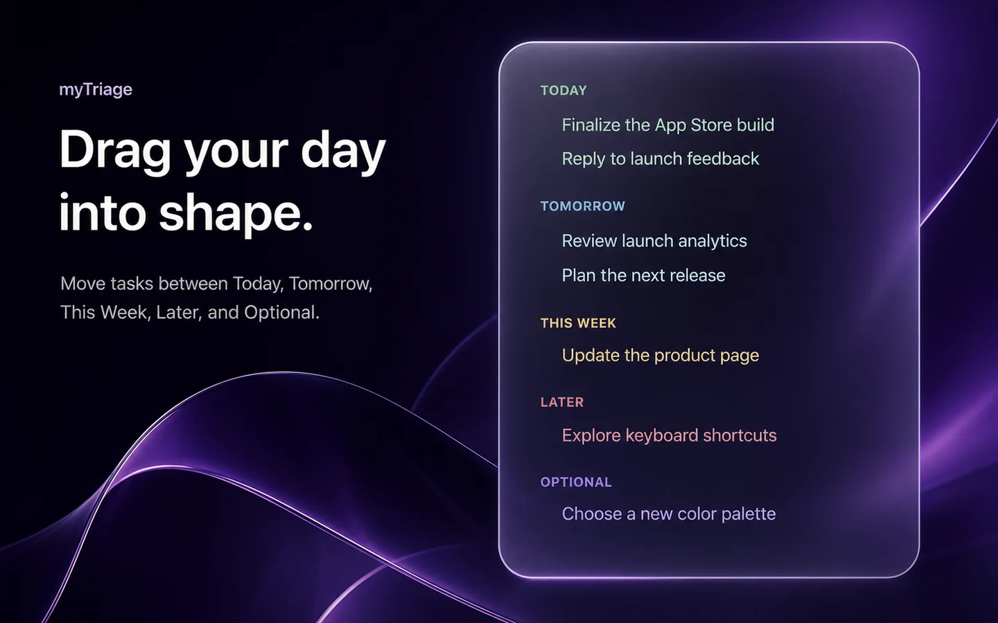 myTriage task sticky with Today, Tomorrow, This Week, Later, and Optional sections