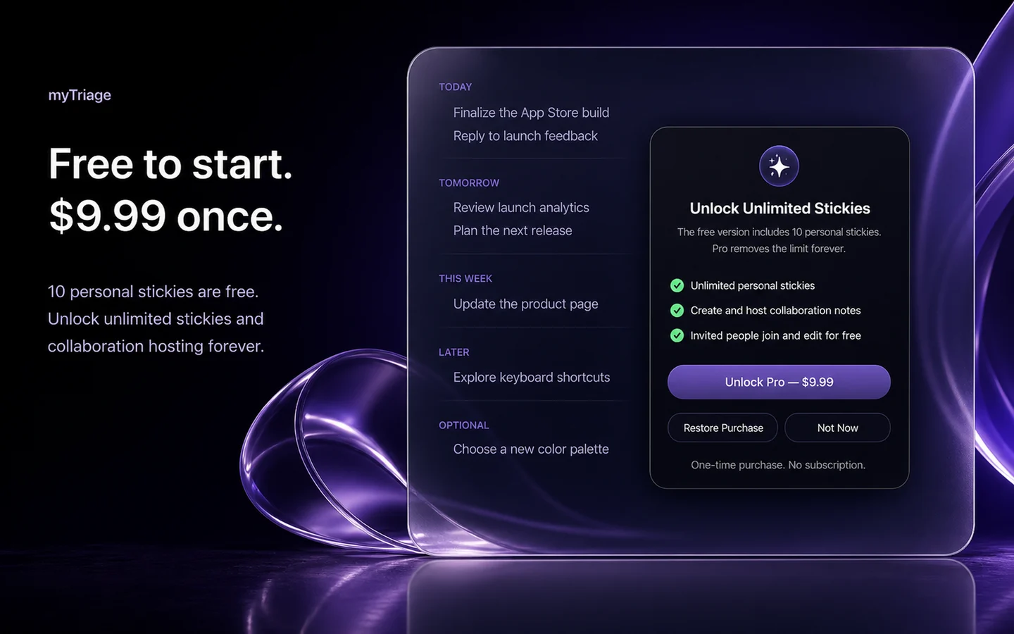 myTriage Pro lifetime upgrade showing unlimited stickies and collaboration hosting for $9.99