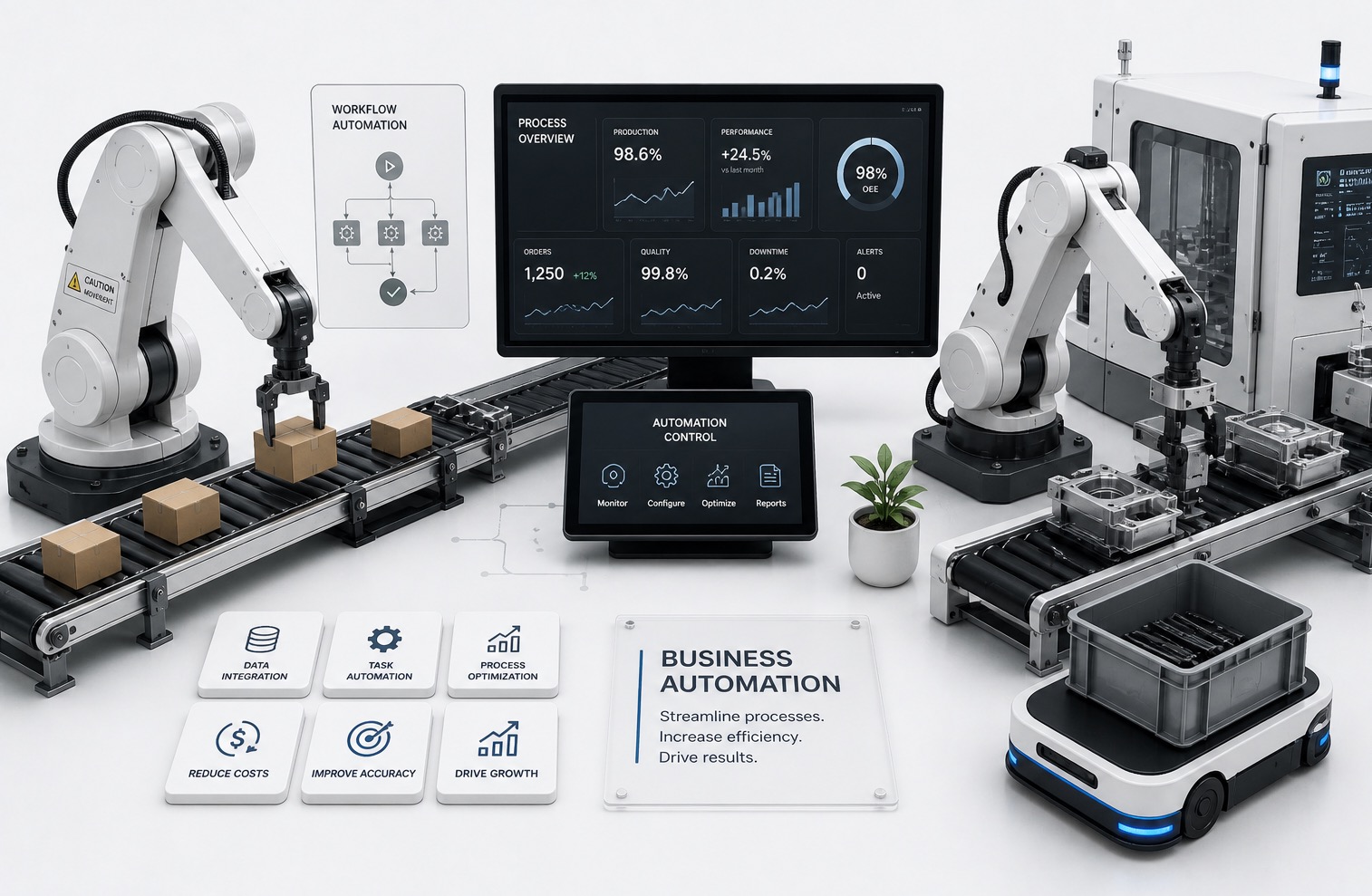 Business automation visual with robotic arms coordinating a digital workflow