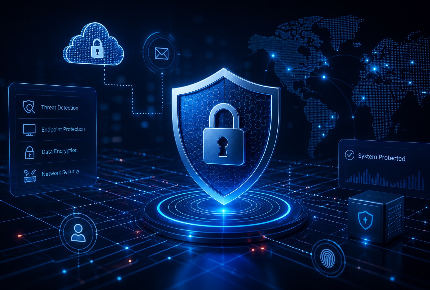 Cybersecurity shield visual representing network protection and small business security support