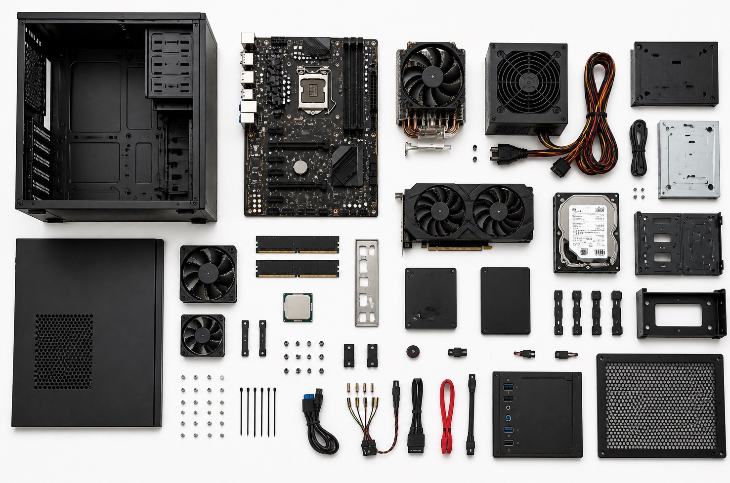 IT support flatlay with computer components and technical service workspace
